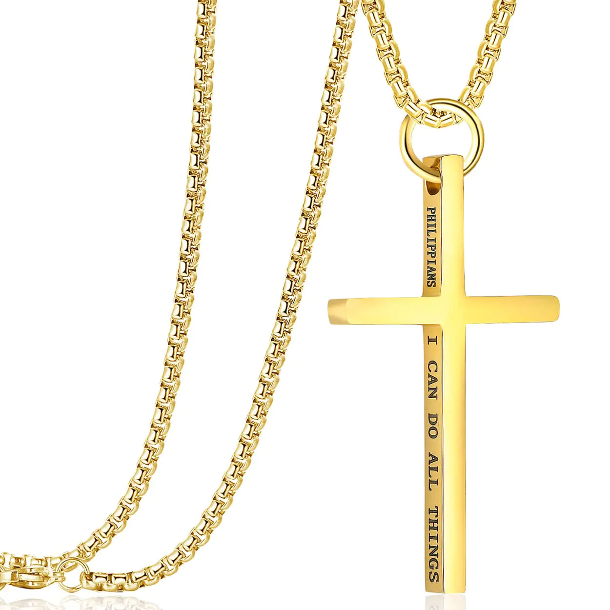 Golden Cross Pendant Necklace Engraved with a Bible Verse: Philippians 4:13; Stainless Steel Chain (20 inches)