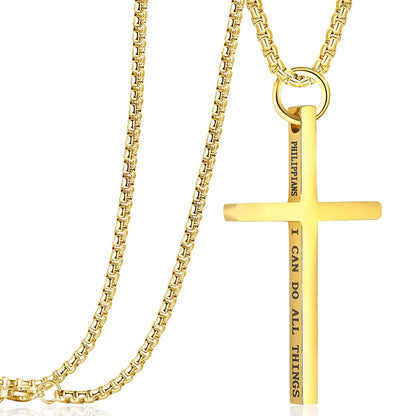 Golden Cross Pendant Necklace Engraved with a Bible Verse: Philippians 4:13; Stainless Steel Chain (20 inches)