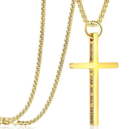 Golden Cross Pendant Necklace Engraved with a Bible Verse: Philippians 4:13; Stainless Steel Chain (20 inches)