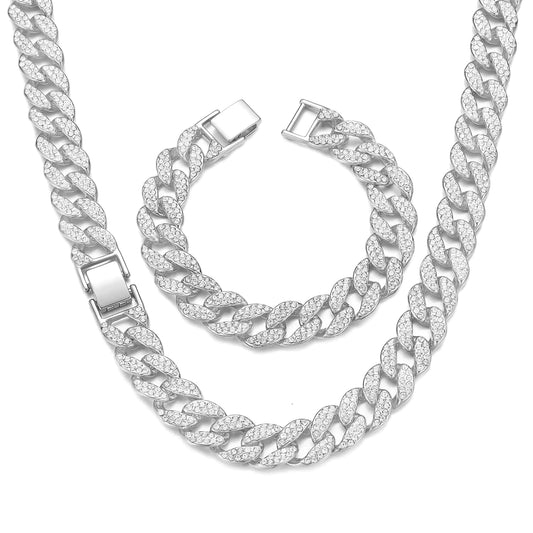 Cuban Link Chain Necklace and Bracelet Set Silver with cubic zirconia - Iced Out Bling (20 inches)