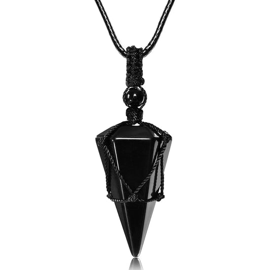 Top Plaza 6 Facet Reiki Healing Crystal Black Obsidian Stone Pointed Pendant Necklaces Adjustable Natural Gemstone Necklace Reiki Quartz Jewelry for Women Men