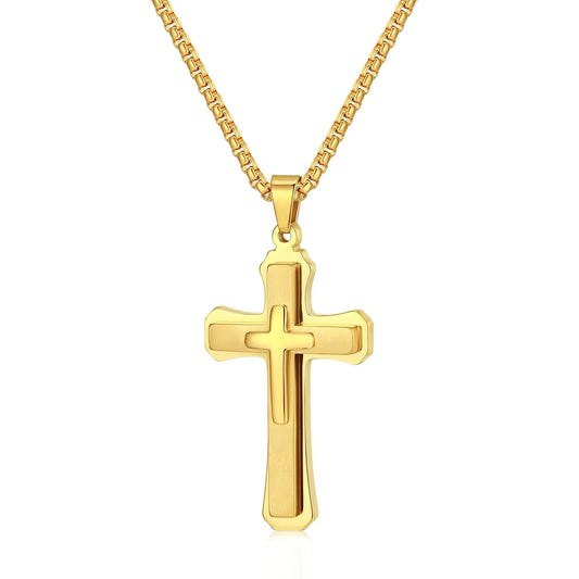 Cross Necklace for Men, 24 inch, Golden Stainless Steel Pendant, Christain Jewelry with Gift Box.