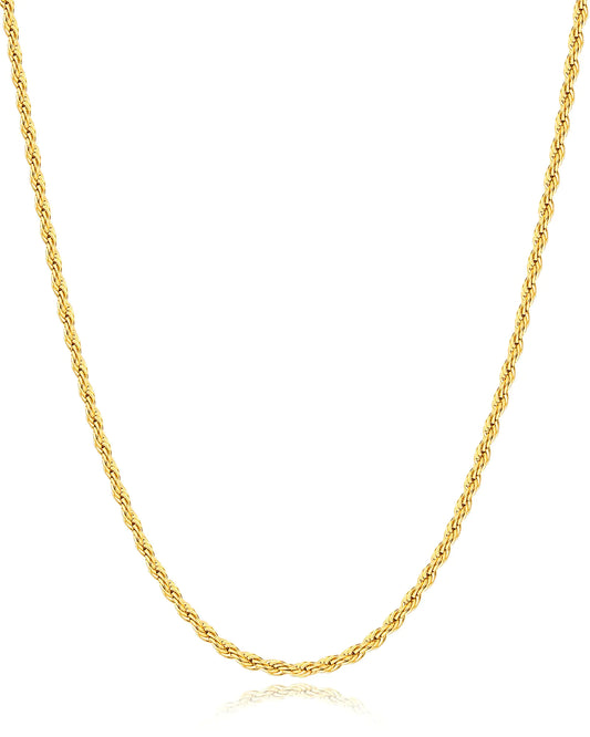 14k Gold Plated Rope Chain for Men - 3.0mm Stainless Steel Necklace, Sturdy & Non Tarnish - 26 Inches.