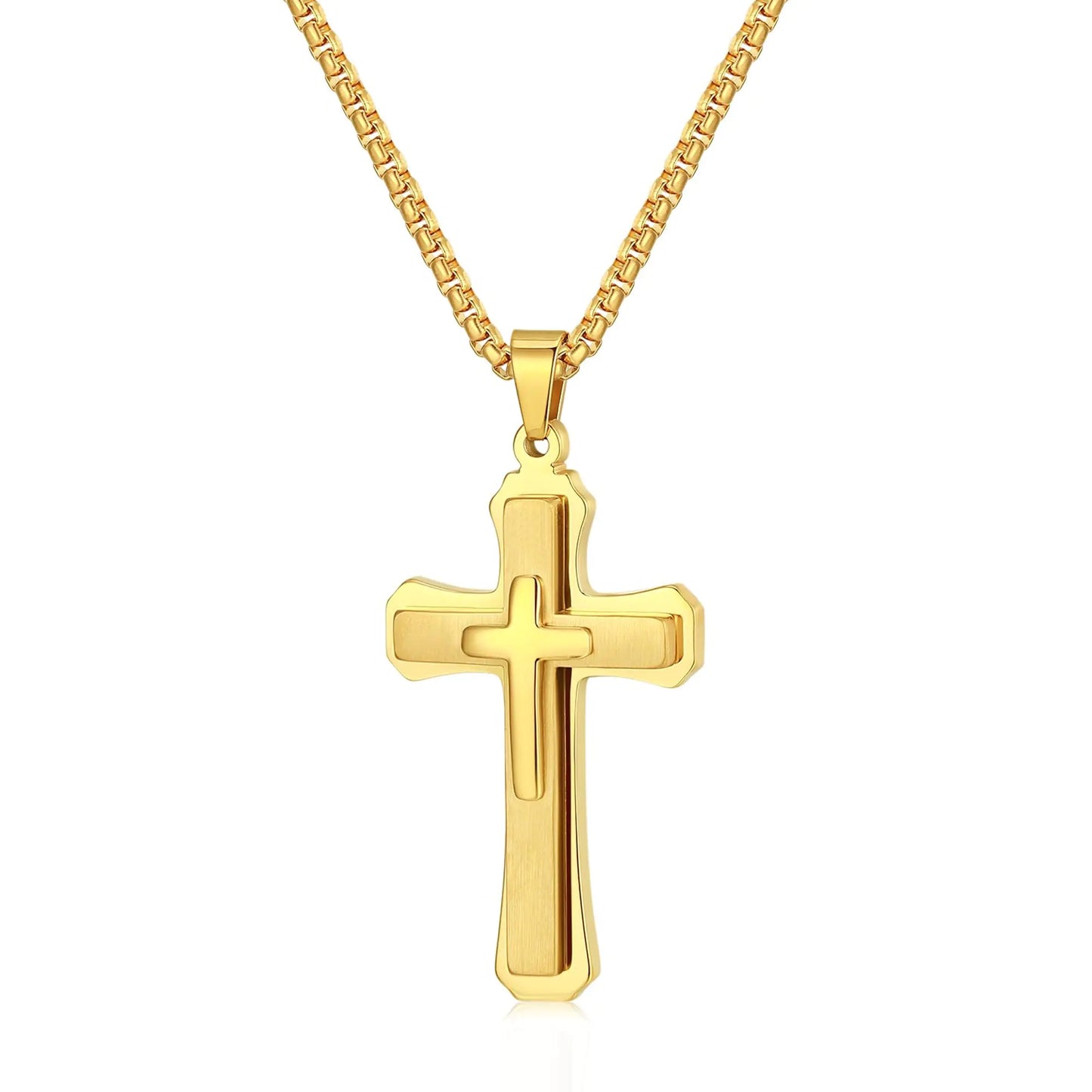 Cross Necklace for Men, 24 inch, Golden Stainless Steel Pendant, Christain Jewelry with Gift Box.